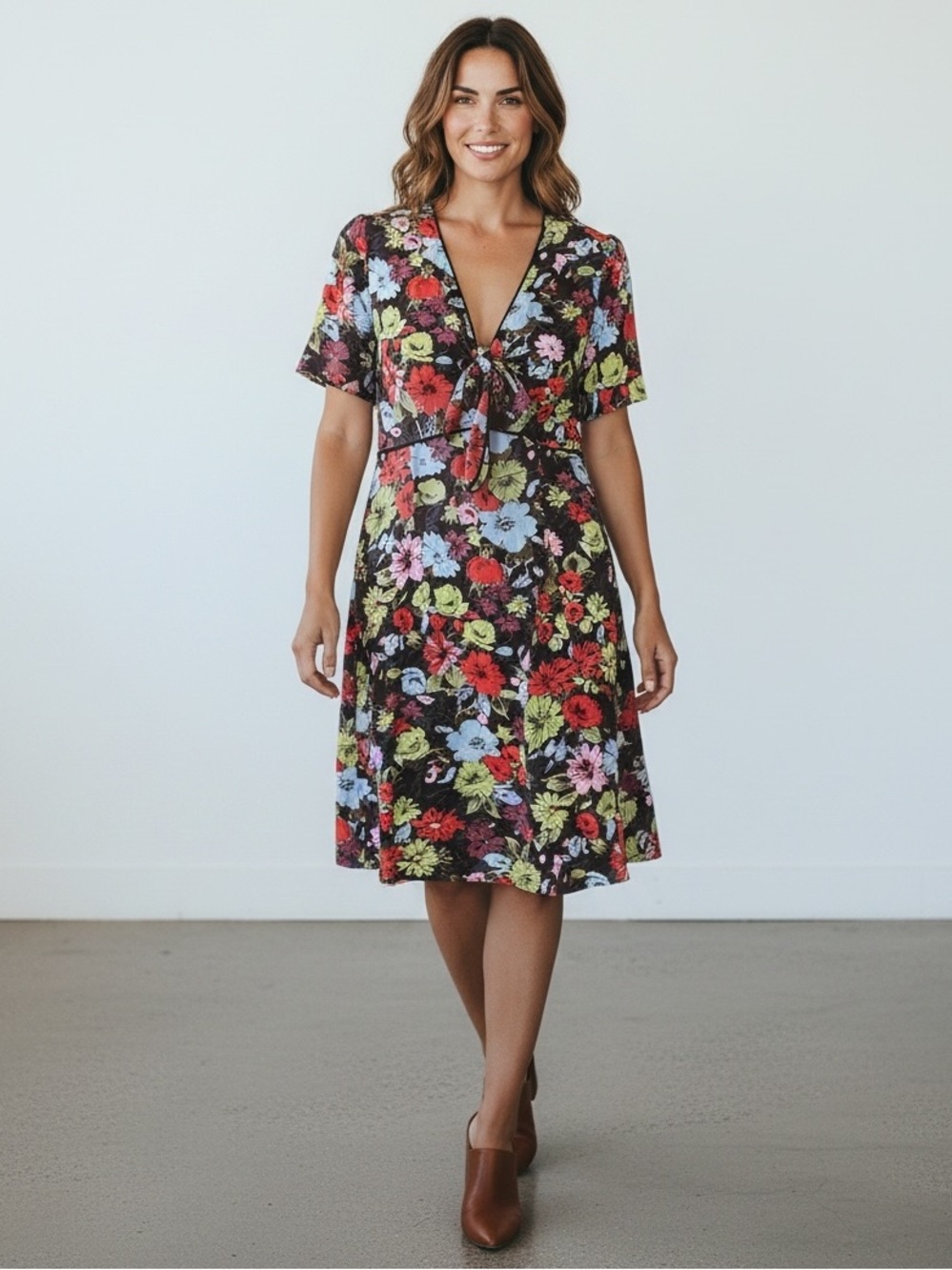 Loco Lindo Retro Botanical Print Dress w/ V-neck, Empire Waist, Short Sleeves